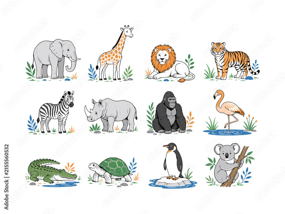 Obraz premium Safari Animal Collection, clean editorial illustration set, 12 separate wildlife illustrations featuring elephant, giraffe, lion, tiger, zebra, rhinoceros, gorilla, flamingo, crocodile, turtle,