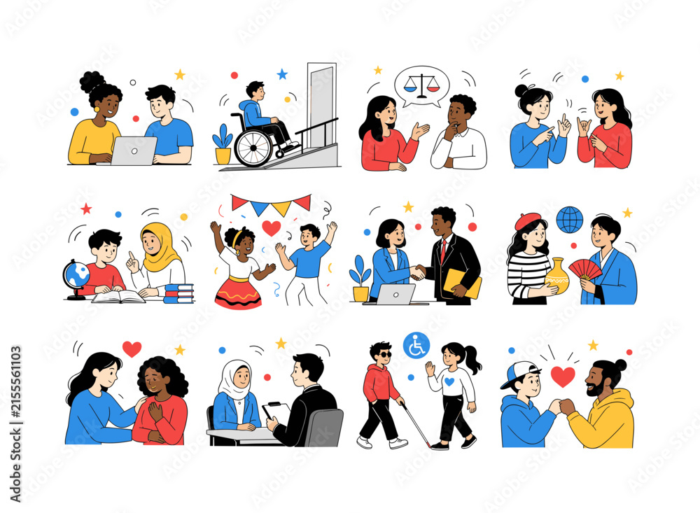 Fototapeta premium Inclusive Community Experiences — colorful editorial illustration set with exactly 12 separate mini scenes arranged in a 4x3 grid: multicultural teamwork, wheelchair accessibility, gender equality