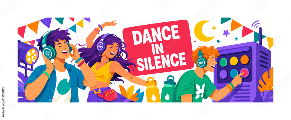 Fototapeta premium Silent Disco Festival Night Banner illustration showing three young adults dancing with oversized wireless headphones beside a large outdoor sound transmitter, one adjusting a headset, one spinning,