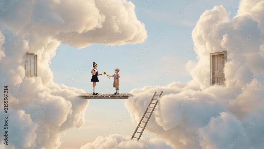 Fototapeta premium Children meeting across bridge between giant cloud islands. Concept of connection, cooperation, overcoming distance, new friendships and social inclusion campaigns.