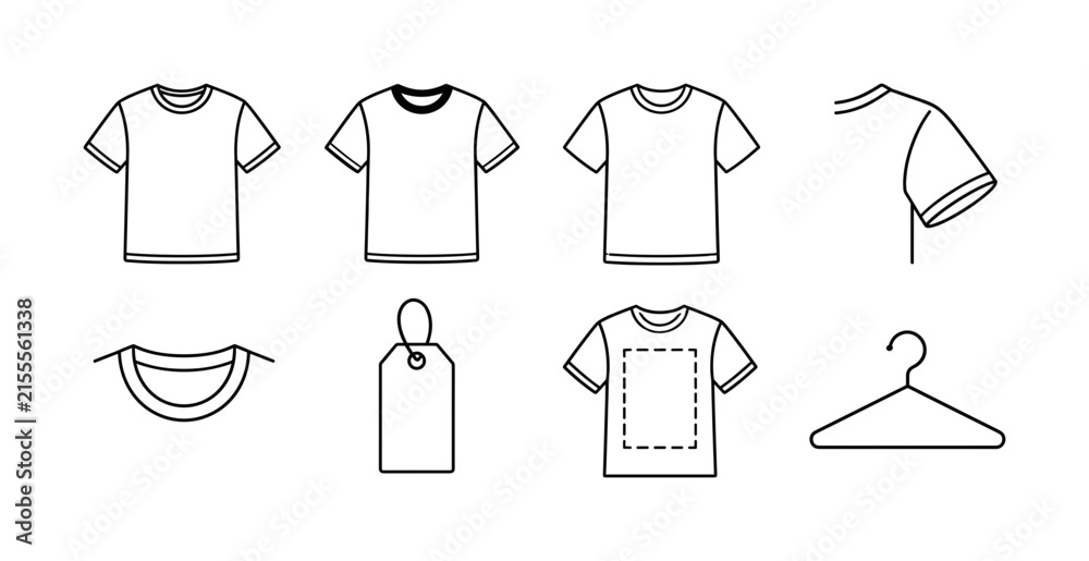Fototapeta premium T Shirt Template, line icon set, create 8 clean outline icons in a 4x2 layout showing front t-shirt, black shirt variant, white shirt outline, short sleeve detail, collar shape, apparel tag, print