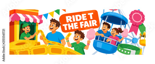 County Fair Tickets banner showing three expressive family visitors buying ride passes at a summer fair, with an oversized ticket roll and oversized Ferris-wheel gondola, plus cotton candy, wristband,