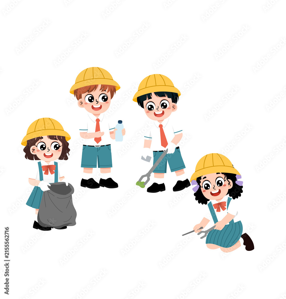 Fototapeta premium Group of Elementary School Children in Yellow Hats Participating in a Community Cleanup Event Collecting Litter and Recycling Waste