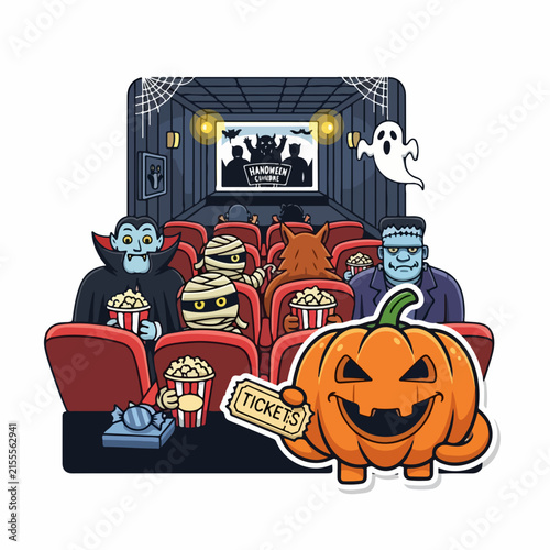 Halloween monsters movie theater vector illustration, spooky cartoon characters watching horror film, cute pumpkin holding cinema ticket