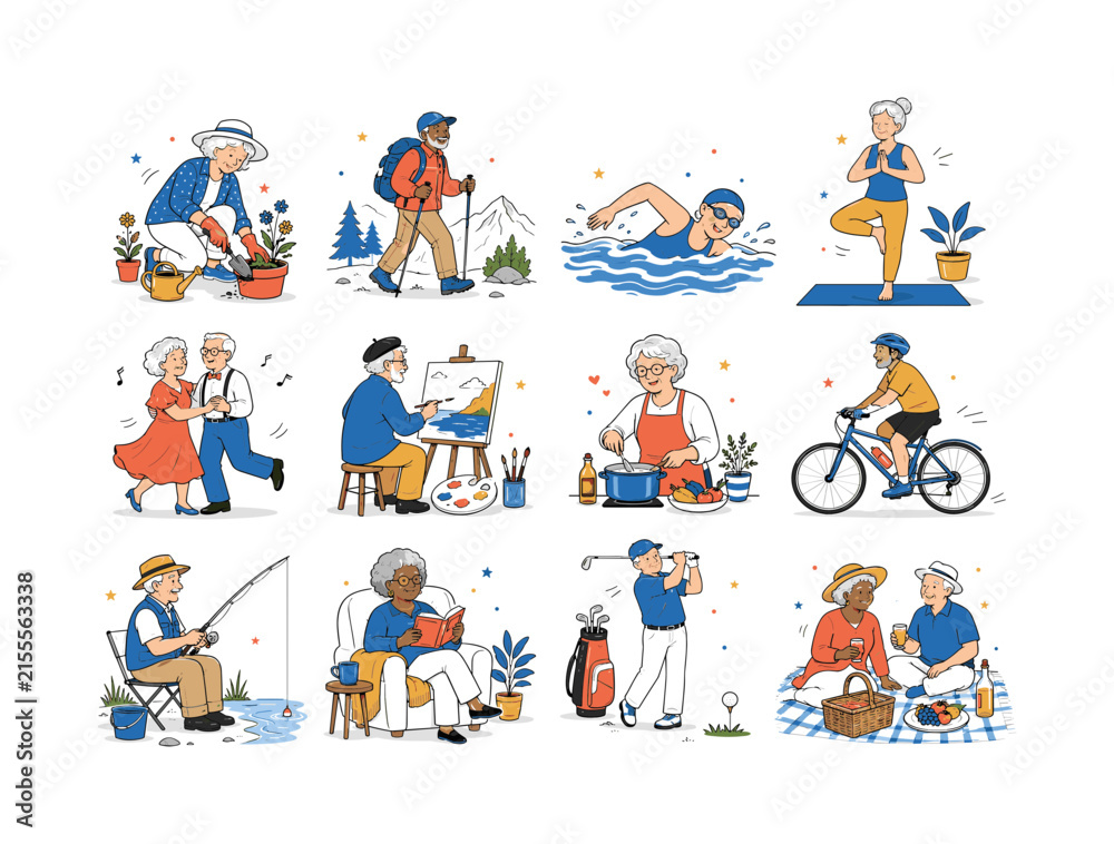 Fototapeta premium Active Senior Hobbies clean editorial illustration set, 12 separate small editorial illustrations featuring older adults gardening, hiking, swimming, practicing yoga, dancing, painting, cooking,