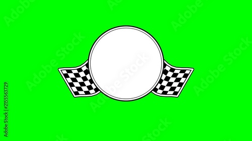 Checkered Racing Flags and Circular Emblem on Bright Green Background, Motorsport Competition and Victory Design