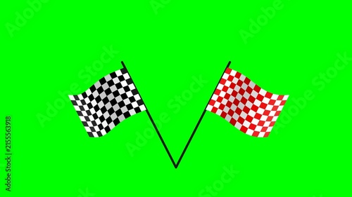 Checkered Racing Flags Waving on Green Background, Motorsport Competition and Victory Concept