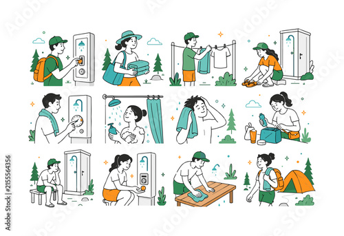 Campground Coin Shower Stop. Camping hygiene, coin-operated showers, summer travel, towels, toiletries, and outdoor routines. 12 minimalist editorial vector scenes: camper inserting a coin, traveler