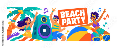 Beach Party wide panoramic website header banner with 3 expressive stylized friends dancing around oversized beach speaker and giant beach ball reaching all four edges, with cocktail cup, palm tree,