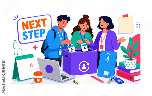 Intern Badge Return banner showing 2 interns and one HR teammate placing badges into one oversized return box beside one giant access card, desk calendar, laptop, farewell note, plant and office keys