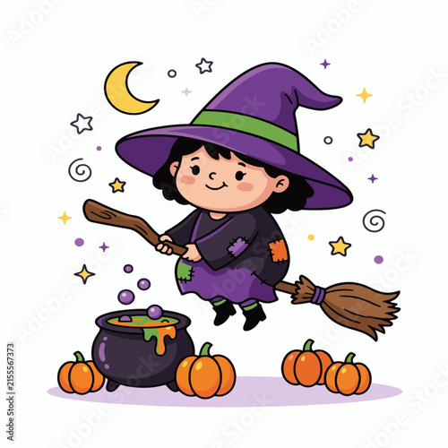 Cute witch Halloween vector with magic, broom, pumpkin, and spooky charm.