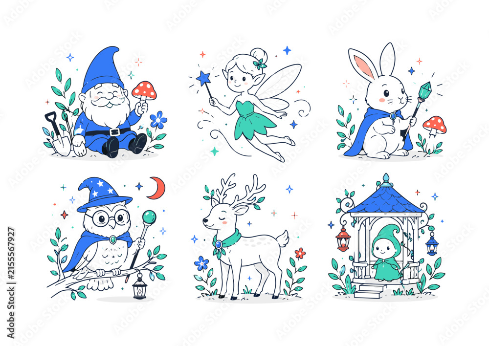 Naklejka premium Whimsical Fantasy Characters, clean editorial illustration set with 6 separate small editorial illustrations featuring garden gnome, fairy, magical rabbit, wise owl, enchanted deer, tiny gazebo