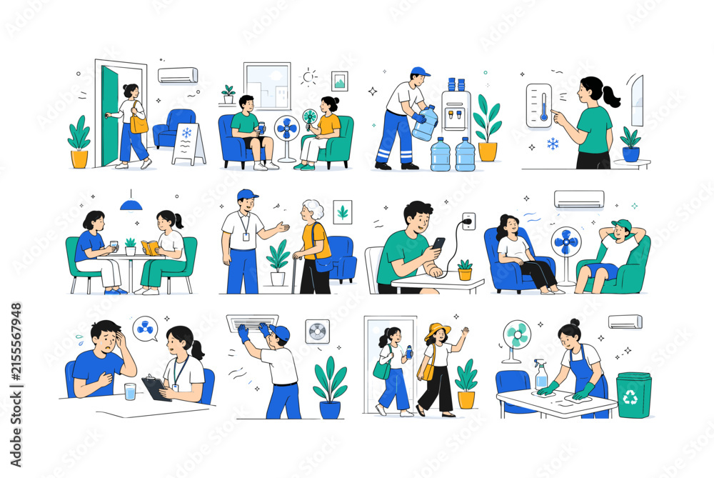 Fototapeta premium Apartment Building Cooling Room. Heatwave relief, urban housing, resident safety, shared facilities and climate-adaptive indoor comfort. 12 minimalist editorial vector scenes: a resident enters the
