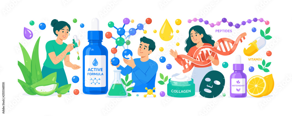 Fototapeta premium Skincare Ingredient Molecules bright flat character banner, 3 expressive stylized human characters interacting with oversized serum bottle, molecular chain and collagen helix, include vitamin capsule,
