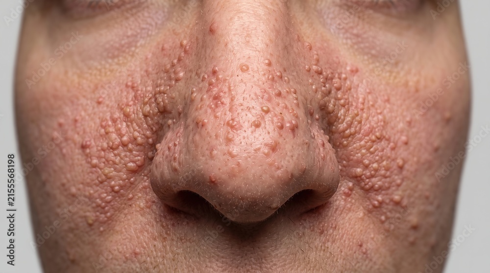 Naklejka premium Extreme macro view of human nose and cheeks with papulopustular rosacea red bumps and pustules