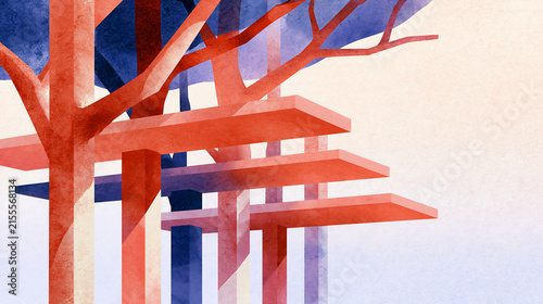Abstract watercolor painting featuring red tree trunks and geometric horizontal planks on light