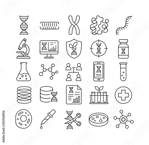 Genetic Research Genome line icon set, create 25 clean outline icons showing DNA helix, gene sequence, chromosome, protein structure, RNA strand, laboratory microscope, genome analysis screen, GMO