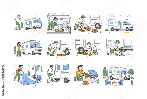 RV Leveling Block Setup. Campsites, camper travel, leveling blocks, outdoor gear, RV setup, summer vacations, wheel safety, and campground routines. 12 minimalist editorial vector scenes: camper