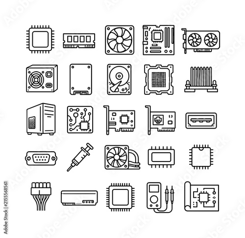 PC Hardware Components line icon set, 25 bold outline icons featuring CPU, RAM module, cooling fan, motherboard, graphics card, power supply, SSD, hard drive, processor socket, heat sink, computer