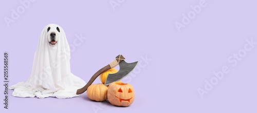 Canvastavla Dog in ghost costume with carved jack-o'-lantern and axe, halloween celebration