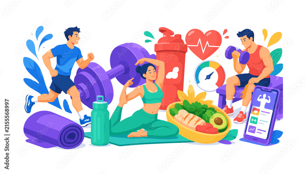 Fototapeta premium Active Fitness Lifestyle bright colorful flat vector banner, 3 expressive stylized athletes performing running, yoga, and strength training around oversized dumbbell, protein bottle, heart-rate
