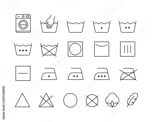 Laundry Care Instructions, line icon set of exactly 20 clean outline clothing-care symbols arranged in a 5x4 grid: washing machine, hand wash, wash tub, cold wash, warm wash, hot wash, do not wash,