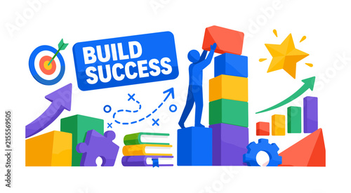 Building Blocks Challenge, bright flat character banner featuring one silhouetted person stacking colorful rectangular blocks into a tall tower, oversized geometric blocks, strategy arrows, puzzle
