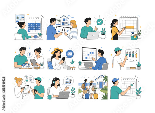 Fully Booked Vacation Rental. Summer lodging demand, reservation calendars, host planning and beach-house tourism. 12 minimalist editorial vector scenes: a host reviews a full calendar, two owners