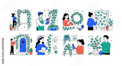 Ivy Growth And Decor clean editorial illustration set, 8 separate small editorial illustrations showing ivy climbing a wall frame, gardener trimming vines, ivy wreath making, botanical pattern design,