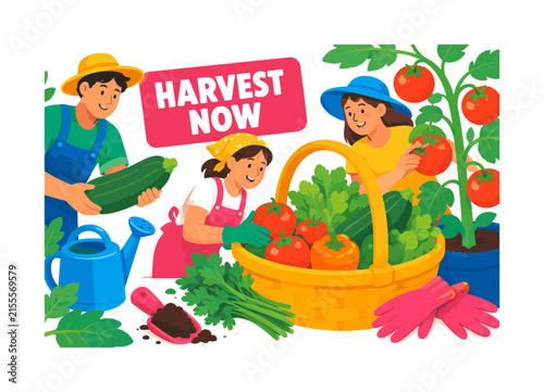 Late Garden Harvest banner showing three expressive gardeners gathering ripe vegetables into a basket, with an oversized harvest basket and oversized tomato plant, plus zucchini, herb bunch, watering