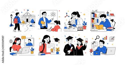 University Academic Path, clean editorial illustration set of exactly 8 separate small editorial scenes arranged in a 4x2 layout: student entering university, professor giving a lecture, laboratory