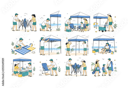 Pop Up Canopy Beach Day. Portable beach shade, family vacation comfort, cooler storage and seaside leisure. 12 minimalist editorial vector scenes: two adults unfold a canopy frame, a person anchors