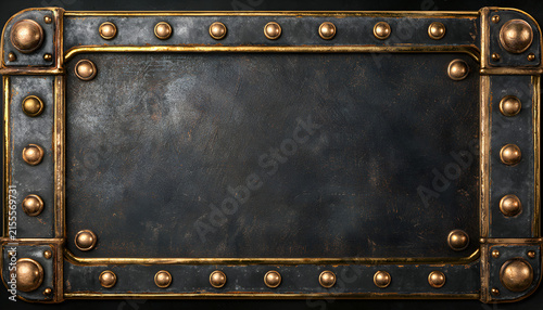 Steampunk metal frame border with rivets and gold trim. Dark textured center background for copy space. Industrial design element, retro background for text.