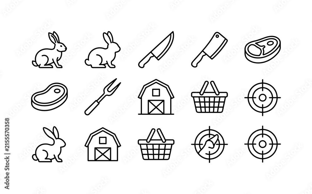 Fototapeta premium Vintage Rabbit Butchery, line icon set featuring hare profile, rabbit silhouette, butcher knife, meat cleaver, steak cut, barbecue fork, farm barn, market basket, butcher badge frame, hunting target,