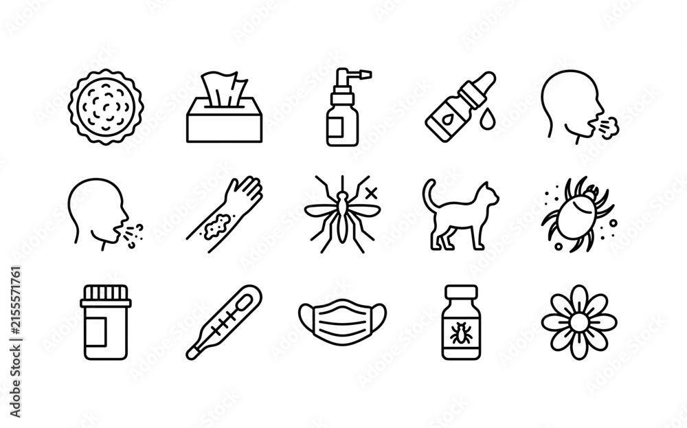 Fototapeta premium Allergy Reaction Symptoms, line icon set featuring pollen grain, tissue box, nasal spray, eye drop bottle, cough symbol, sneeze symbol, skin rash patch, insect bite symbol, cat allergen, dust
