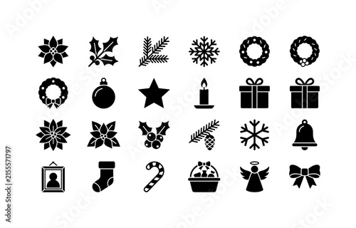 Poinsettia Holiday Collection, solid glyph icon set featuring poinsettia bloom, holly branch, fir sprig, snowflake, wreath, ornament, star, candle, gift box, poster frame, covering Christmas and New