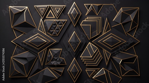Abstract geometric pattern with 3D black diamond shapes and gold line accents on black background for black friday luxury sale promotion geometric abstract metallic