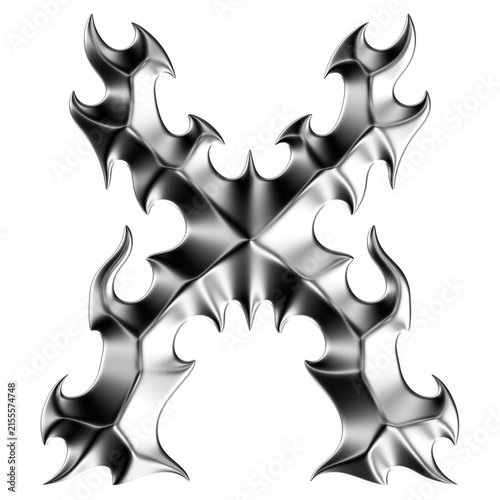 Chrome 3D font letter X. Metallic neo-tribal display typeface. Isolated PNG