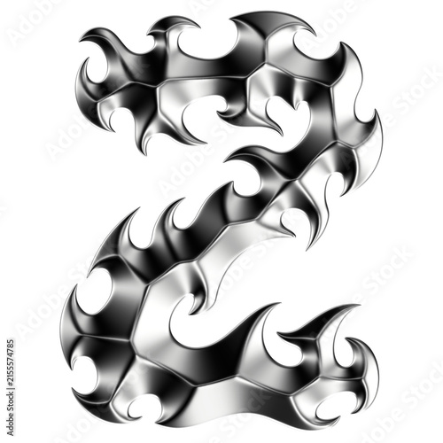Chrome 3D font letter Z. Metallic neo-tribal display typeface. Isolated PNG