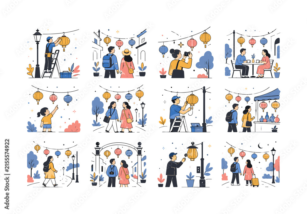 Fototapeta premium Summer Street Lanterns. Festival nights, city travel, local culture, decorative lighting and evening public spaces. 12 minimalist editorial vector scenes: a worker hangs a street lantern, two