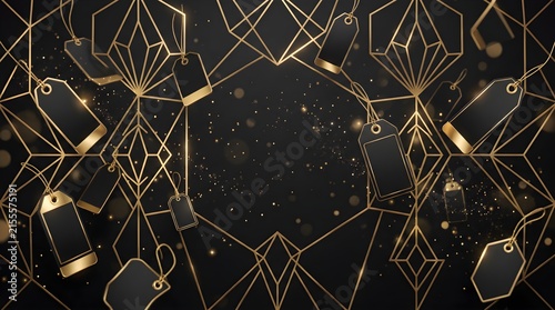 Luxury black friday sale background featuring hanging price tags on intricate gold geometric art deco frame with festive bokeh lighting shopping geometric promotion