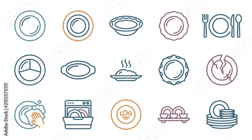 Set of 15 Plate and Dishwashing Line Icons Featuring Tableware, Stacked Plates, and Kitchen Cleaning