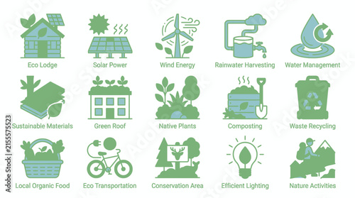 Set of 15 Sustainability and Eco Friendly Living Icons for Environmental Conservation and Green Energy
