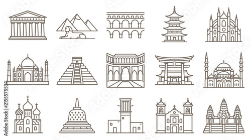 Set of 15 world famous architectural landmarks and historical monuments line icons for travel design