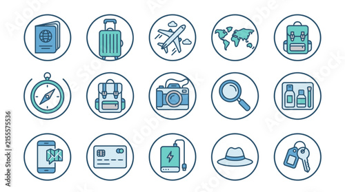 Set of 15 Travel and Tourism Line Icons Featuring Passport Suitcase Airplane and Vacation Gear
