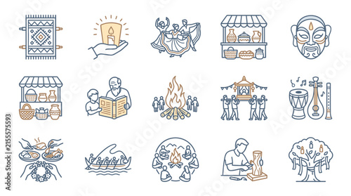 Set of Traditional Cultural Heritage Icons Featuring Folklore, Rituals, Crafts, and Local Festivals