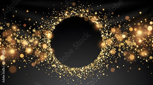 Black friday circular frame made of glowing gold particles and bokeh on dark background with confetti background celebration glamorous shopping discount promotion