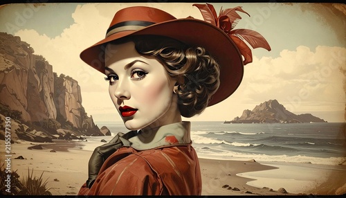 Vintage Woman in Wide Brim Hat on Seaside Cliff
