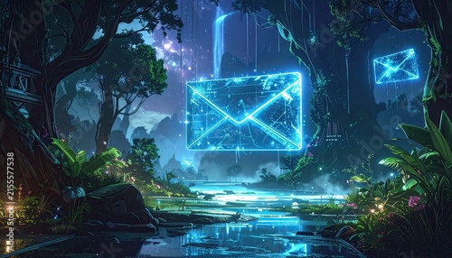 Glowing Email Envelopes Floating Over Electric Forest Stream