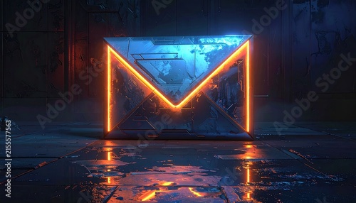 Glowing Neon Mail Icon in Futuristic Dark Room